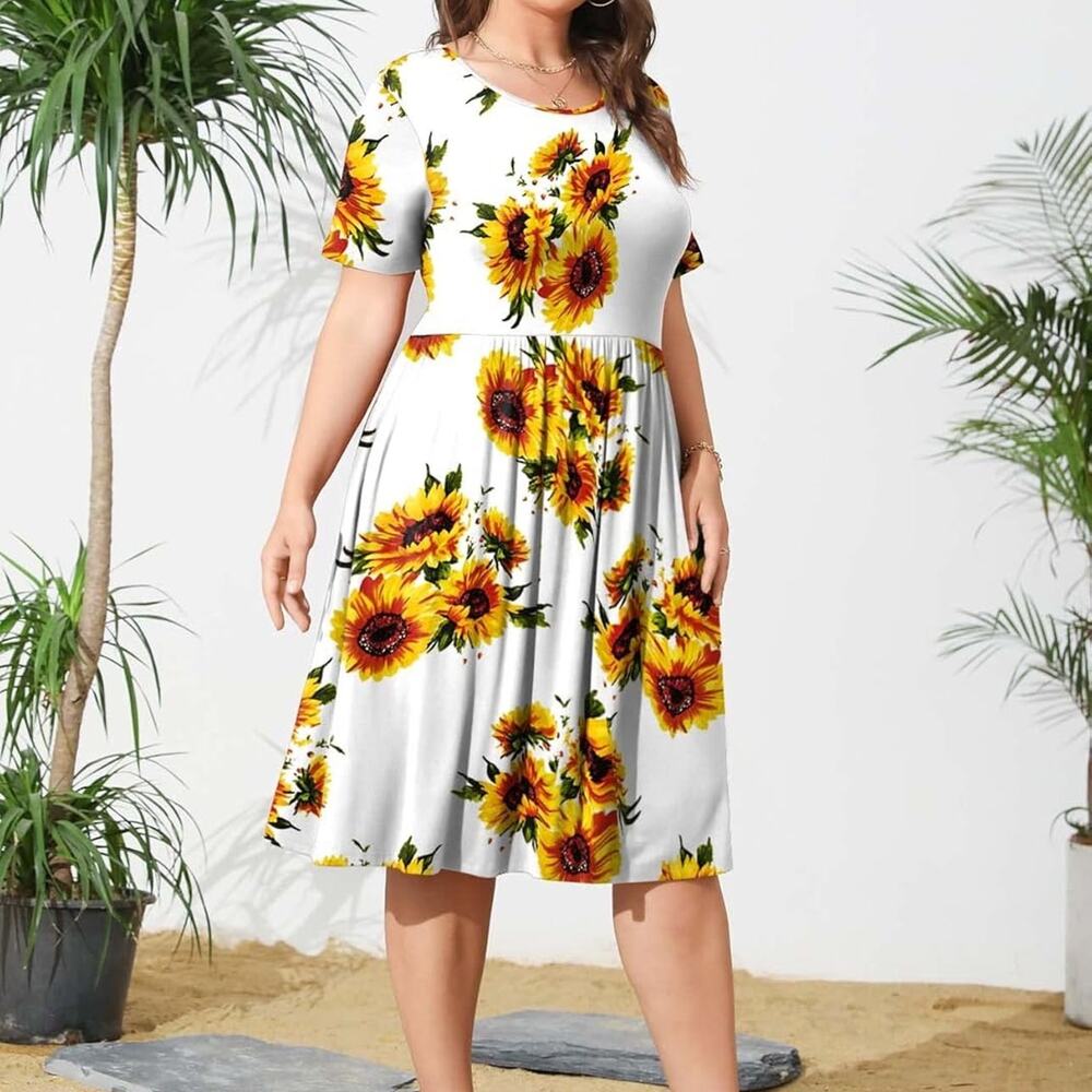 NWT POSESHE Floral Casual Short Sleeve White Midi Dress Women's Size 3XL